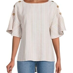Ellen Tracy Blouse Size M Tan White Striped Linen Blend Flutter Sleeve ETWS2031
